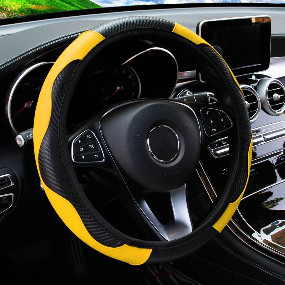 Premium Carbon Fiber Leather Steering Wheel Cover – Universal 14.5-15"